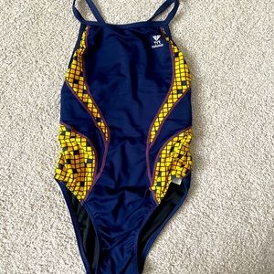 TYR navy and yellow one piece